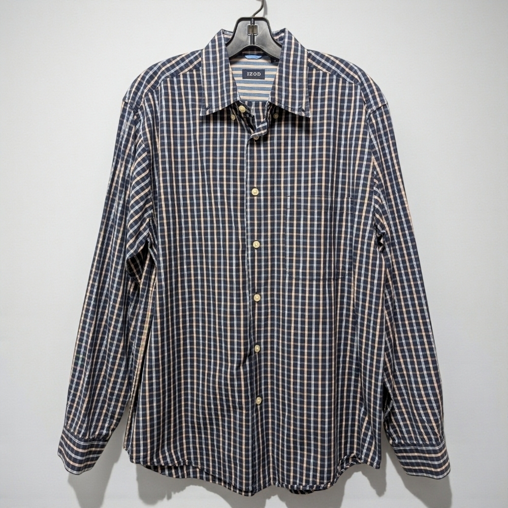 Izod Vintage Navy Plaid Preppy Button Down Shirt Men's M